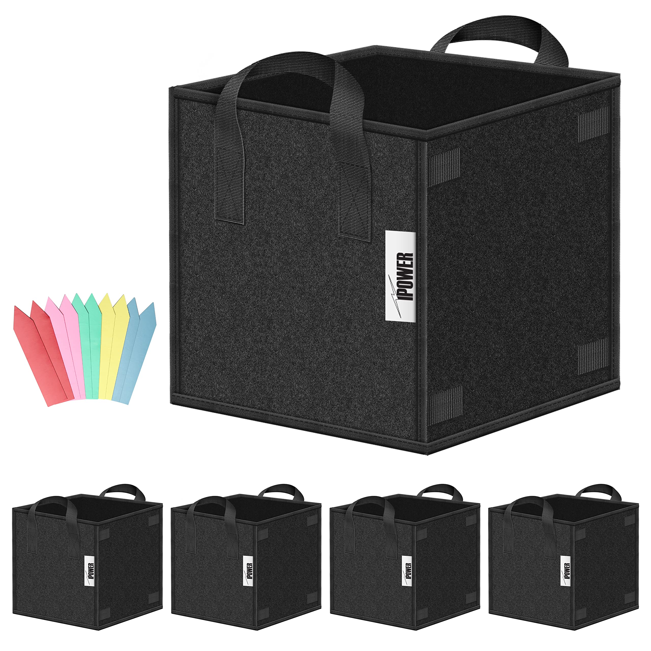 iPower 5 Pack 3 Gallon Square Grow Bags Thickened Fabric Pots with Handles and Stick Holders for Poles, Black