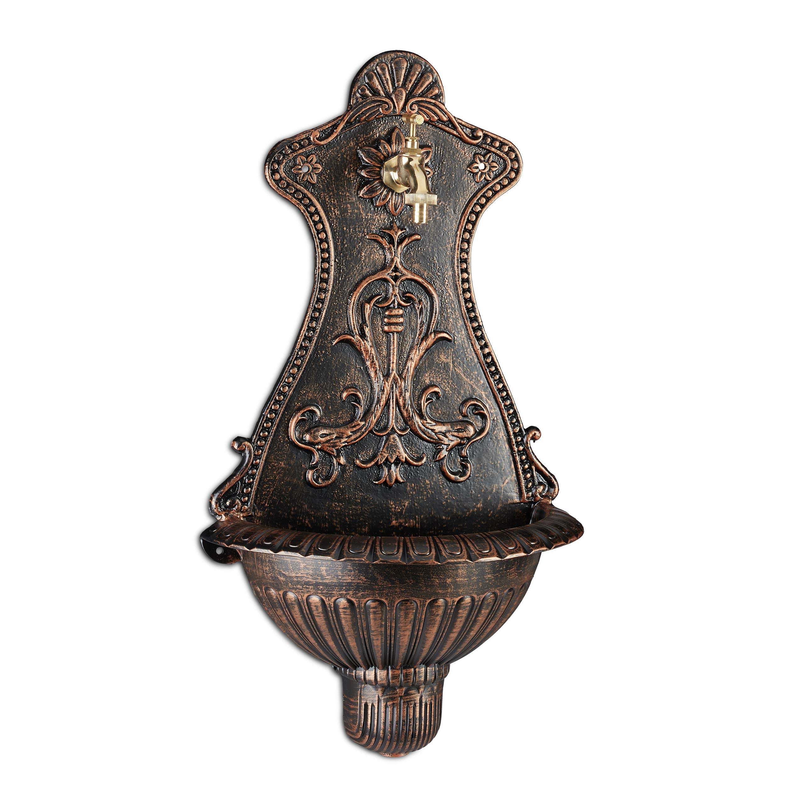 Relaxdays Wall Water Fountain, Nostalgic Look, Outdoor Birdbath, Faucet & Basin, Hanging, HWD: 66x37x19.5 cm, Bronze