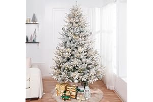 Naomi Home 7.5ft Frosted Christmas Tree with Lights, Realistic Snow Flocked Christmas Tree Prelit with 3266 Branch Tips, 650 Warm Lights and Metal Stand, Aritificial Christmas Tree