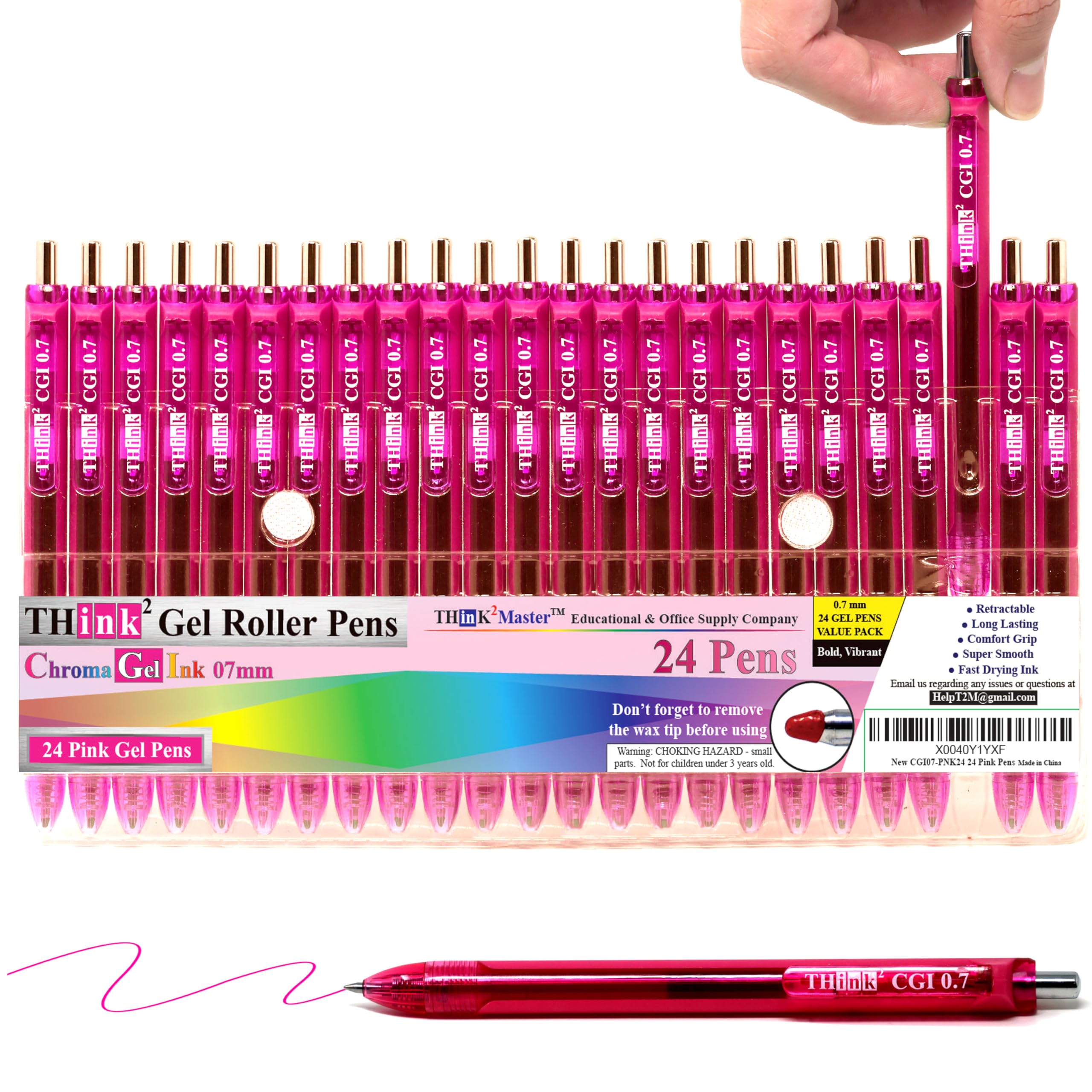 Photo 1 of [24 Pens - Pink Ink] Think2 0.7mm CGI Retractable Gel Pens. (24 Pink) Medium Point Rollerball Pens with Smooth Quick Drying Ink.