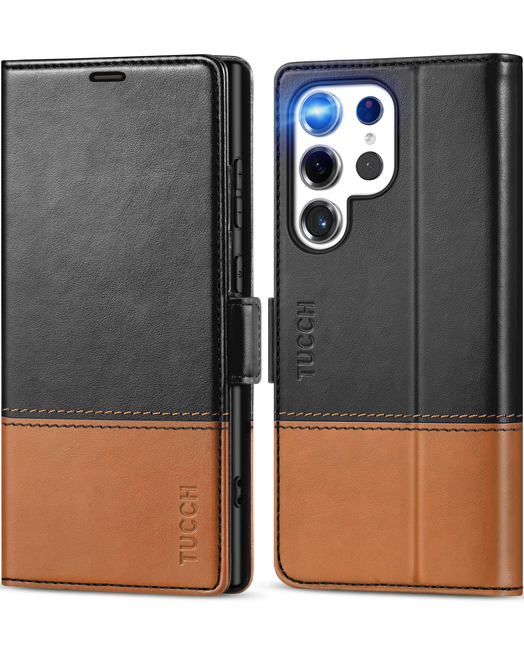 TUCCH Case for Galaxy S24 Ultra (6.8"), Premium Magnetic PU Leather Wallet Case with [Credit Card Holders][Shockproof TPU] Kickstand, Folio Stand Case Compatible with Galaxy S24 Ultra, Black & Brown