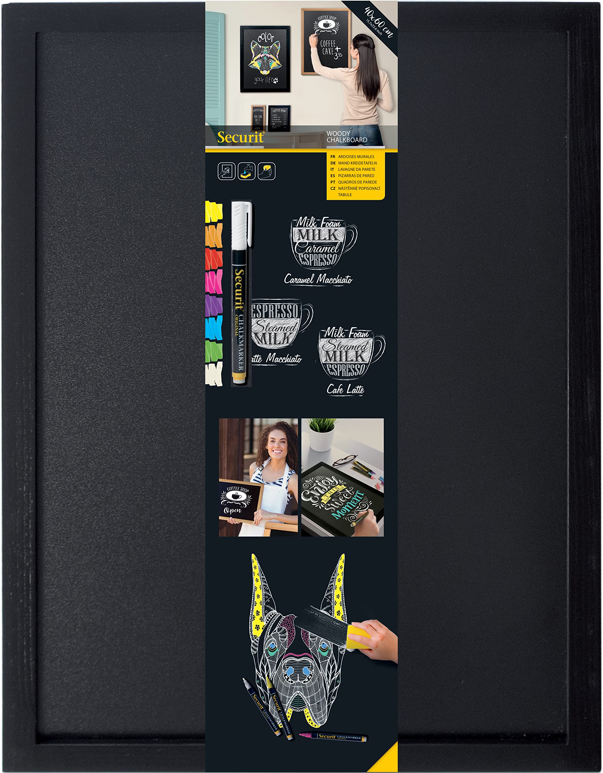 Securit Woody Black Chalkboard Set with Chalkboard Markers, 40 x 60cm Hanging Blackboard, Memo Board, Wipeable Blackboard with Chalk Pen for Office, Kitchen or Weddings