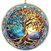Tree of Life Stained Glass Effect Suncatcher Ornament – Round Window Hanging Decoration with Colorful Leaves - Spiritual Sun Catcher Symbolizing Growth, Balance & Harmony - Gift for Home or Garden