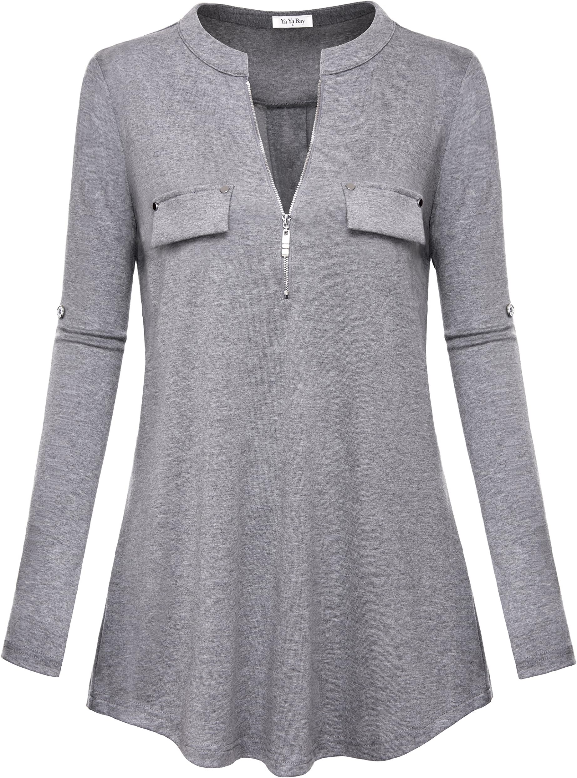 YaYa Bay Women's Notch-V Neck Long Sleeve Roll-Up Sleeve Zip Up Casual Shirt Blouse Tops