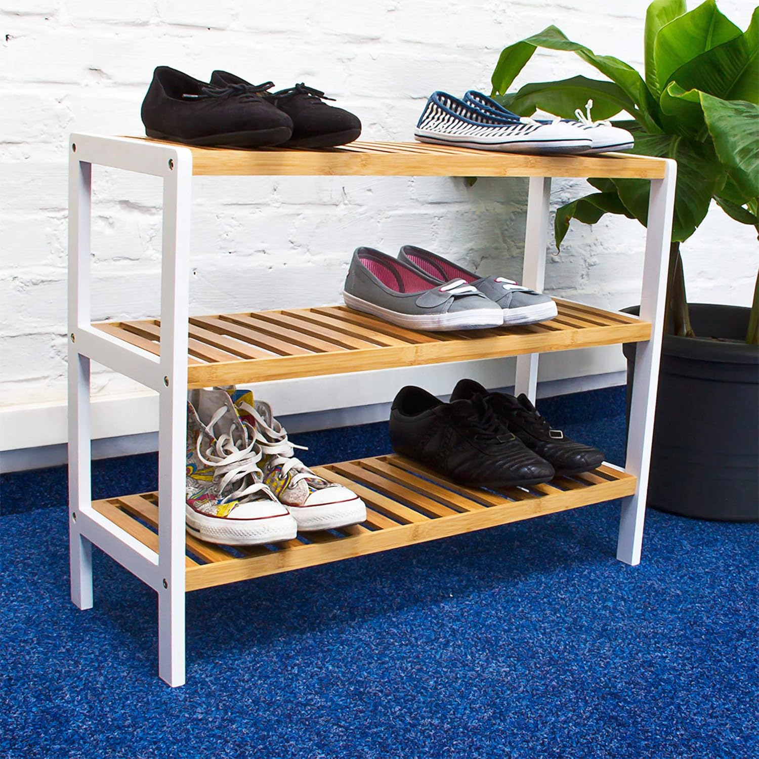 Relaxdays Bamboo Shoe Rack, With 3 Shelves, 70 x 54.5 x 24.5 cm, for 12 works of Shoes, Brown/White - Image 3