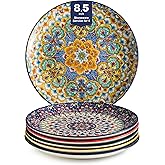 Euisail Salad Plate Set of 6, 8.5 Inch Dinner Plates for Salad, Pasta, Dessert,Steak, Appetizers Colorful Bohemian Style Dishes for Kitchen