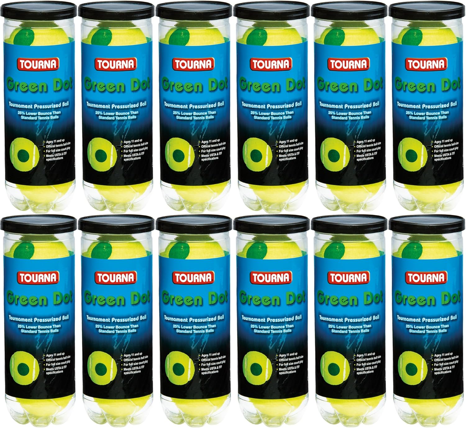Tourna 12 Pack Pressurized Green Dot Tennis Balls in a