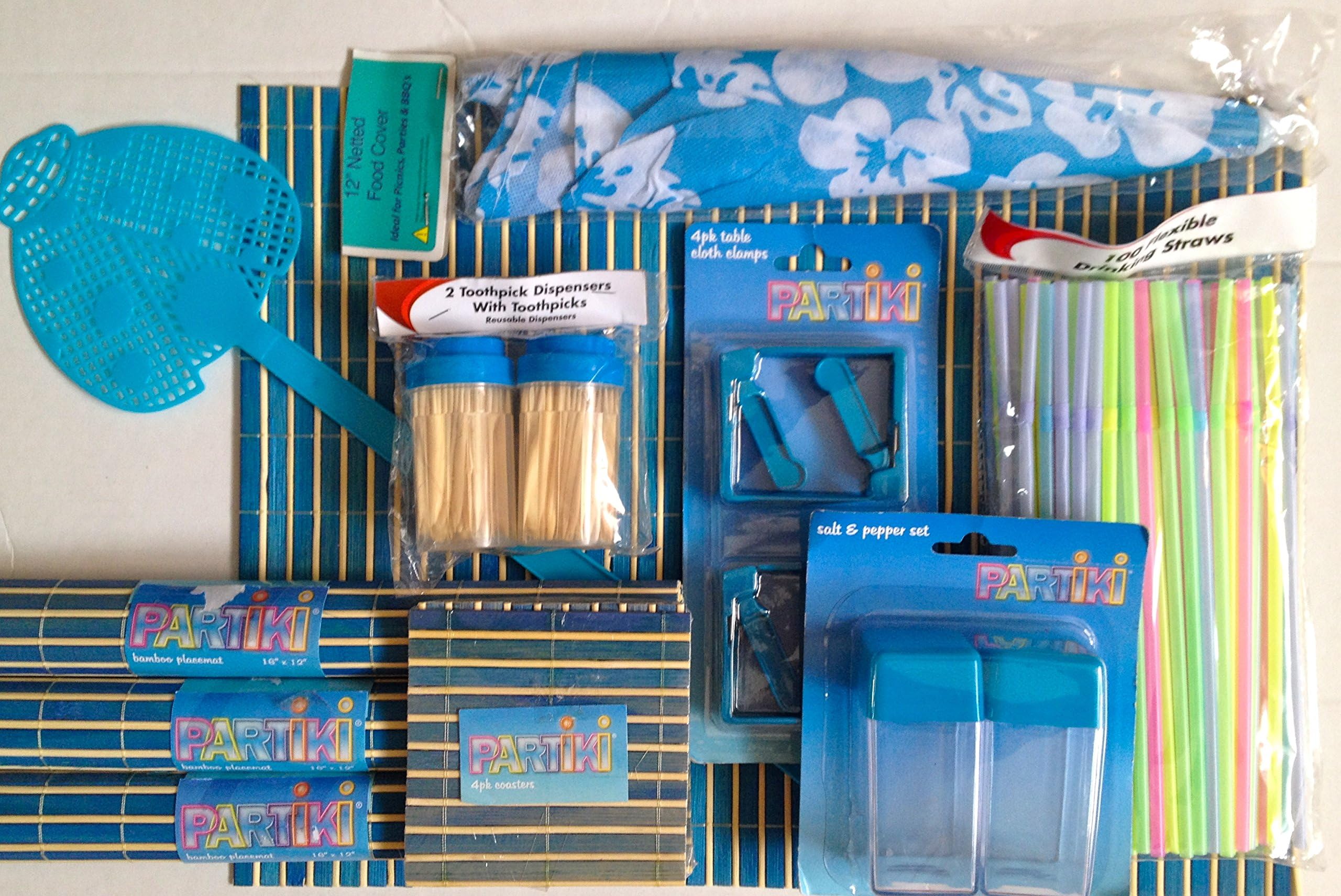 Blue Tiki Party Bamboo Table Set - Placemats, Coasters, Salt & Pepper Shakers, Toothpicks & Holders, Fly Swatter & Table Cloth Clamps