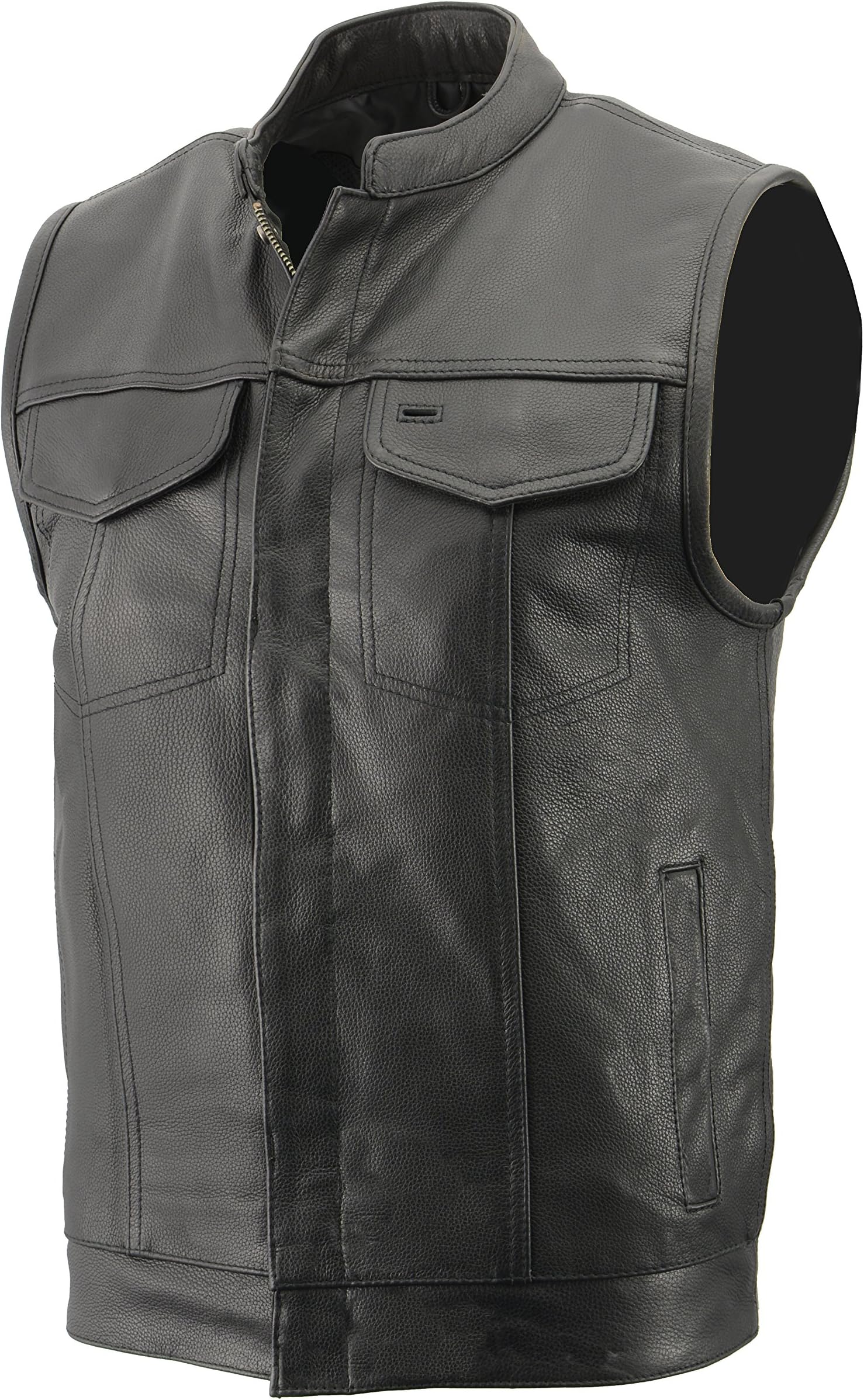 Mens Club Style Vest in Premium Naked Cowhide Leather, Patch Access Feature, Concealed Gun Pocket Biker Vest (Black, 8X)