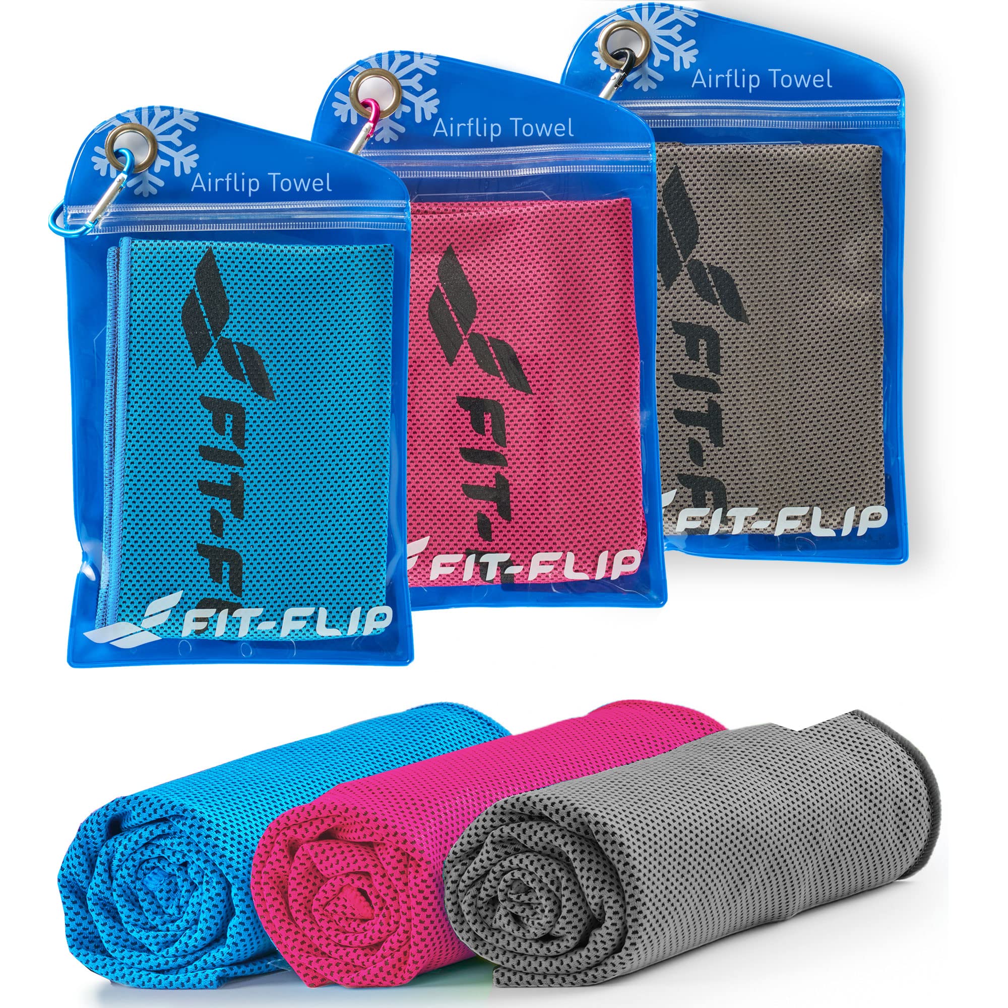 Fit-Flip Set of Cooling towels - Airflip - cool touch microfibre ice towel as wet neck scarf - cold cloth for sport, yoga and fitness (blue/pink/grey, 100x30cm)