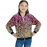 EXARUS Girls Sequin Bomber Jacket with Pockets Sparkle Glitter Lightweight Zipper Long Sleeve Jackets for Kid 6-12Y