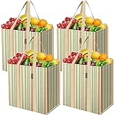 BALEINE 4 PK Grocery Bags Reusable Shopping Bags with Reinforced Bottom, Heavy Duty Foldable Tote Bags (Color Strip)
