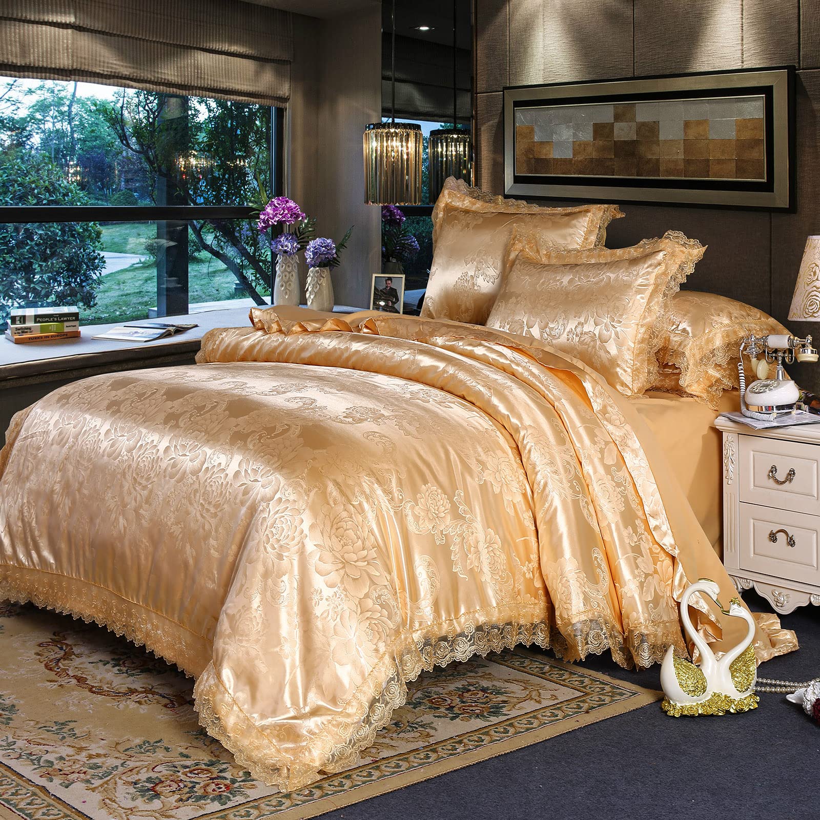 Beyeutao Lace Jacquard Duvet Cover Set - Gold Elegant Paisley Damask 3-Piece Satin King Size Bedding Sets
