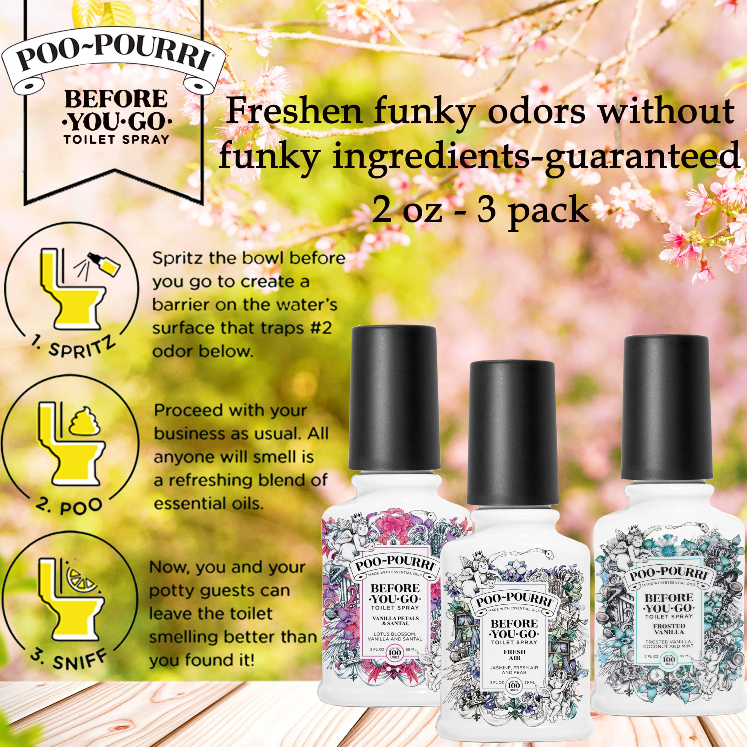 Poo-Pourri Before-You-Go Toilet Spray, Spring 2 Oz Variety Pack– Apple Bottom, Peaches & Cream, and Fir Flush