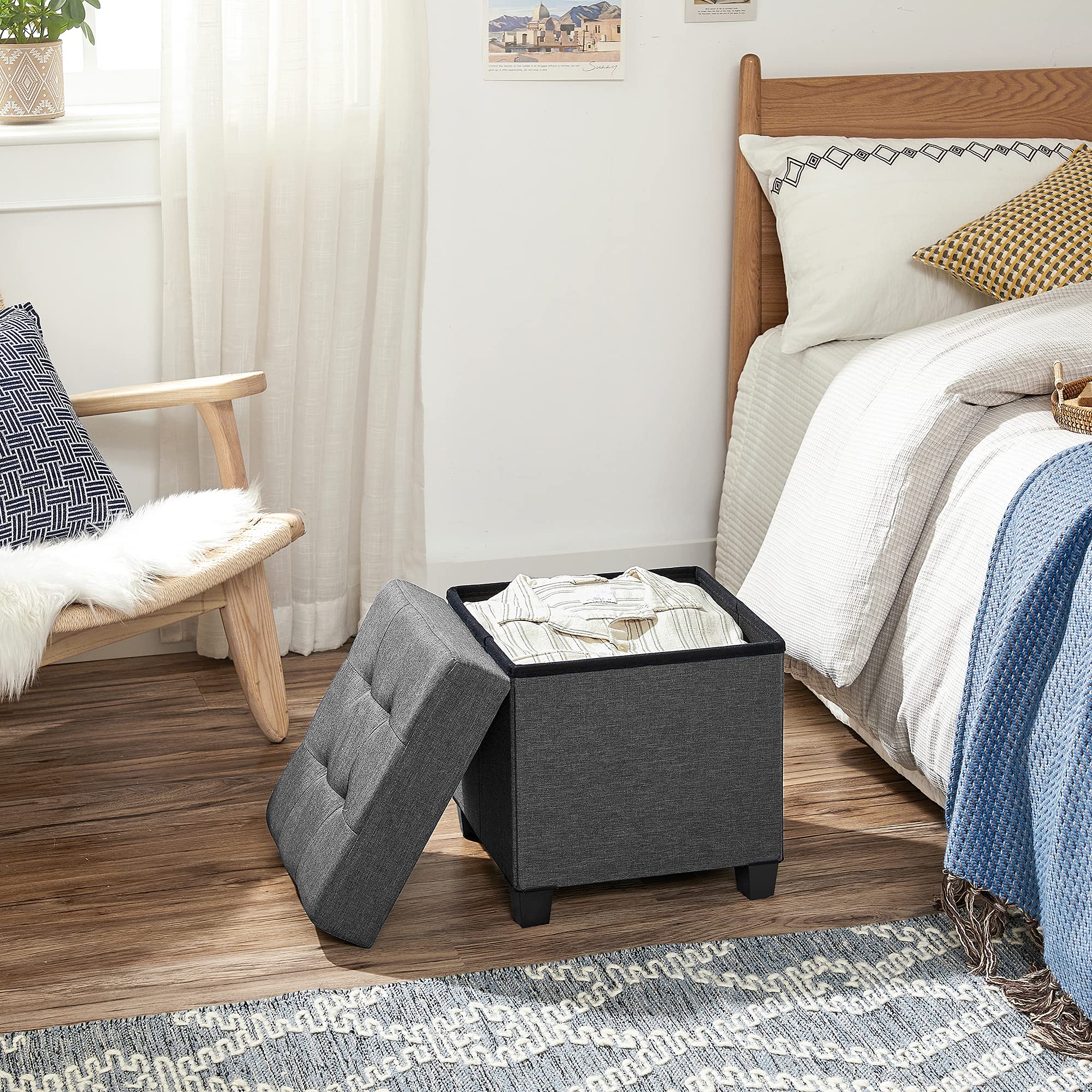 SONGMICS 15 Inches Cube Storage Ottoman, Bedroom Bench with Storage, Foot Stool with Feet, Holds Up to 660 lb, Dark Gray ULSF14GYZ - Image 3