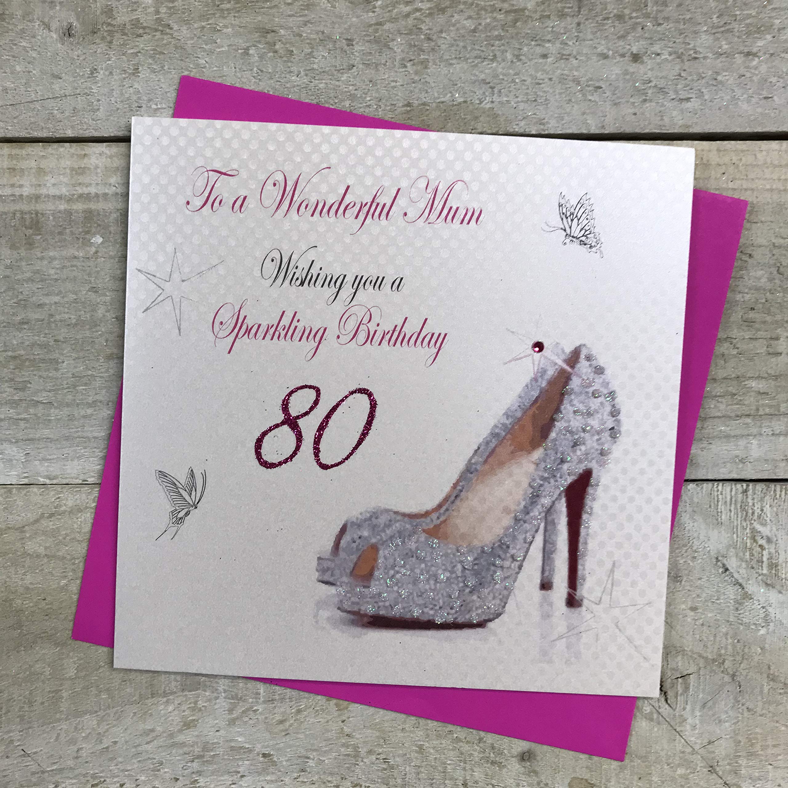 WHITE COTTON CARDS To a Wonderful Mum Wishing You a Sparkling 80th Birthday Handmade Card, White, PD43-80