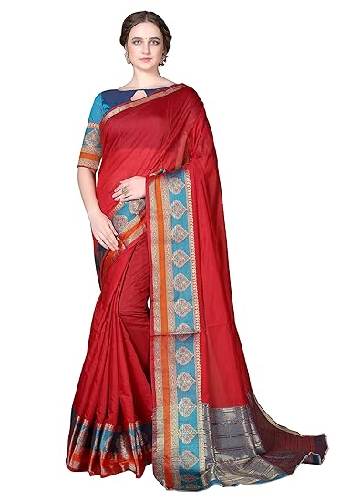 Cotton Shopy Womens Kanjivaram Silk Cotton Blend Sarees with Blouse Piece (Cott-2023_Red)