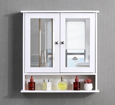 AVC Designs White Bathroom Wall Cabinet with Mirrored Double Doors