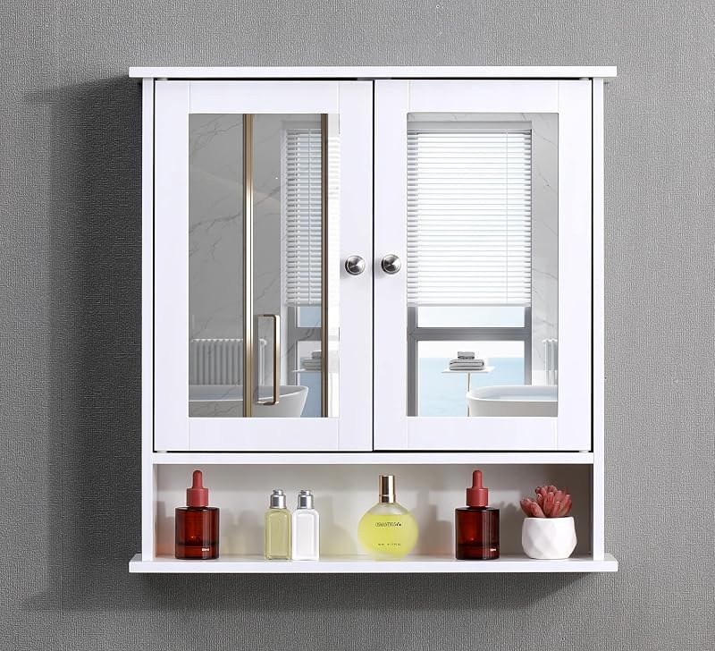 AVC Designs White Bathroom Wall Cabinet with Mirrored Double Doors