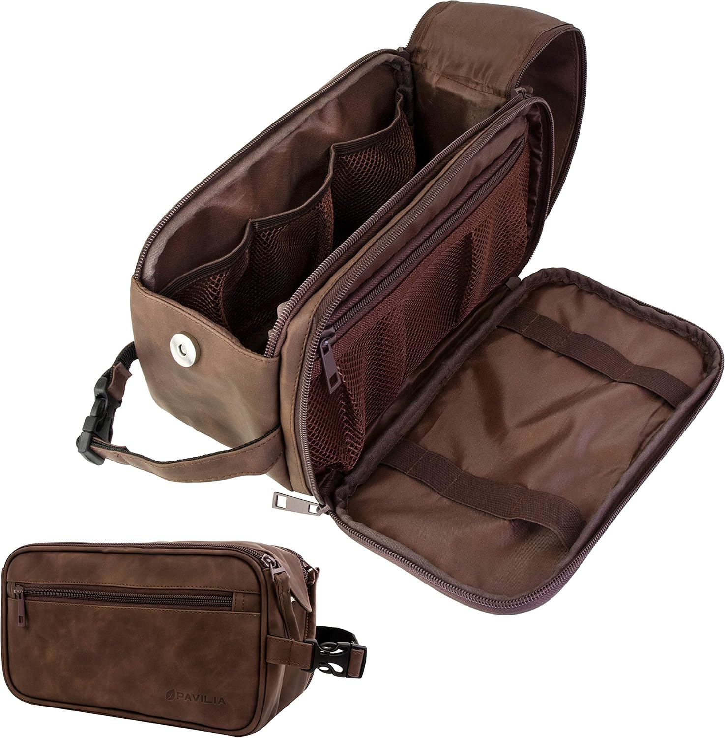 PAVILIA Toiletry Bag for Men, Travel Toiletries Bag | Water-resistant Dopp Kit, PU Leather Shaving Bag Organizer for Toiletry Accessories, Grooming, Hygiene, Cosmetic (Brown): Clothing