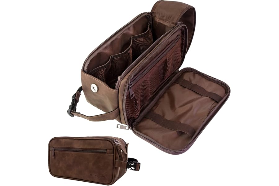 PAVILIA Toiletry Bag for Men, Travel Essentials Shaving Dopp Kit, Mens Travel Bag Toiletries Organizer Case for Grooming, PU Leather Water Resistant Cosmetic Bag Pouch (Dark Brown)