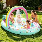 SULIFEEL 2026 Inflatable Rainbow Play Center Kiddie Pool with Slide | Summer Splashing Baby Blow Up Pools with Sprinkler for Backyard and Garden 96"x59"39"