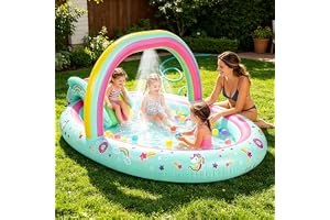 SULIFEEL Rainbow Unicorn Inflatable Play Center Kiddie Pool with Slide and Sprinkler for Children, 96''x59''x39'' Baby Pool for Backyard and Garden