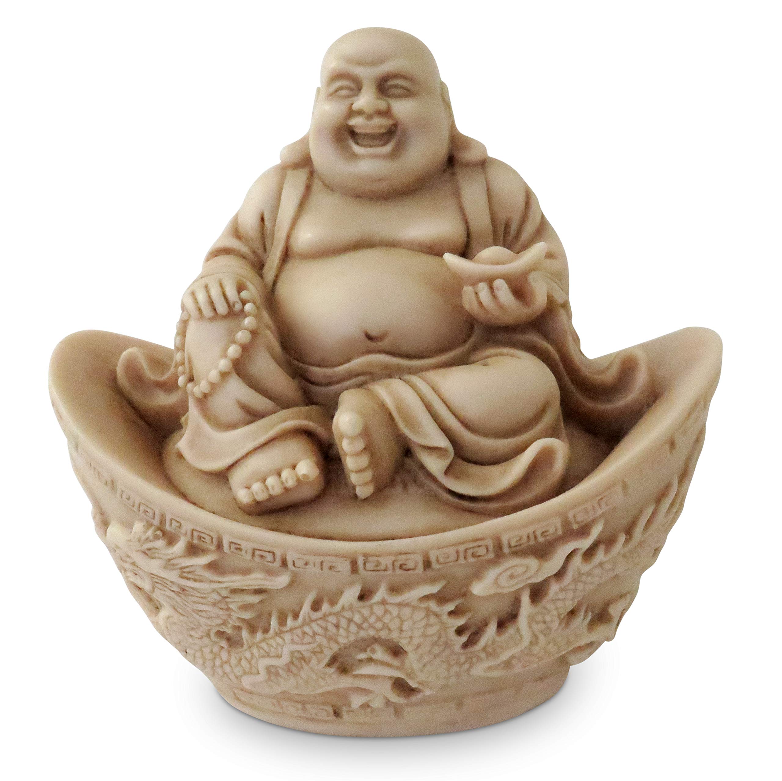 Aged Effect Laughing Chinese Buddha in Dragon Boat Statue