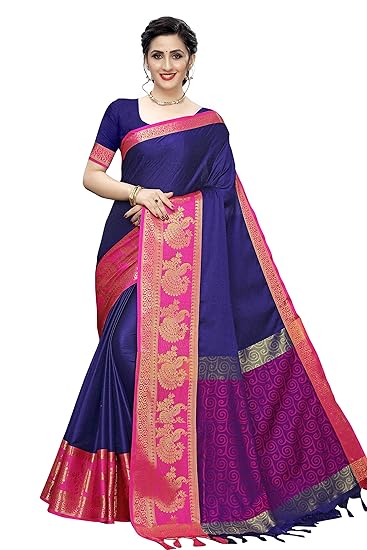 Leeza Store Women Banarasi Style Weaving Checks Cotton Silk Saree