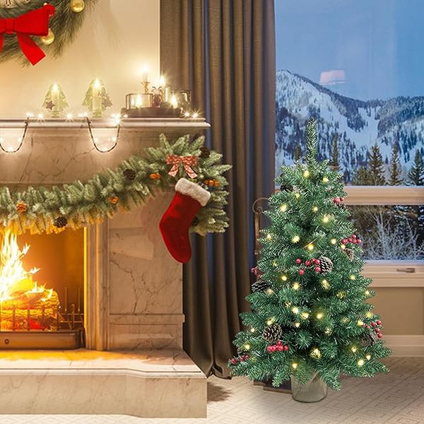 3FT PRE-LIT MINI CHRISTMAS TREE,ARTIFICIAL PINE 121 PVC BRANCHES TIPS WITH 11 RED BERRIES & 11 PINECONE & 70 LED STRING LIGHTS & BURLAP WRAPPED BASE DECOR XMAS TREE FOR TABLETOP,BATTERY OPERATED