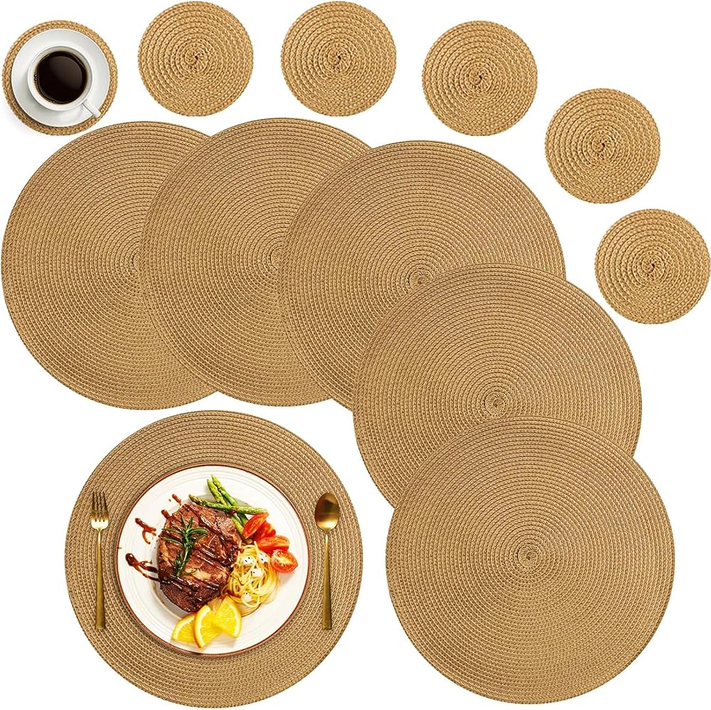 MI CASA Round Placemats and Coasters Set of 6 Golden Brown