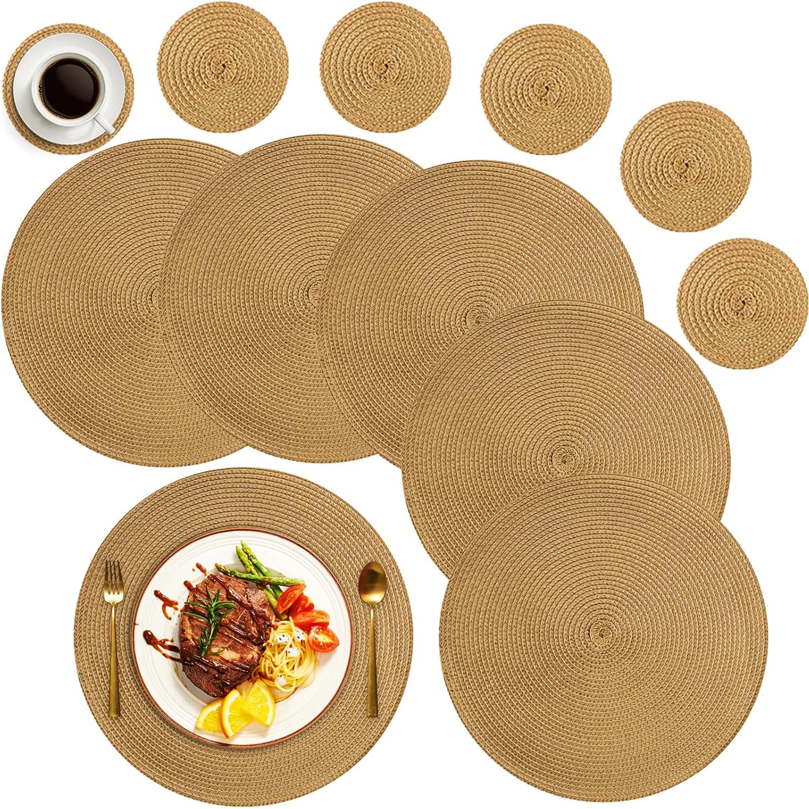 MI CASA Round Placemats and Coasters Set of 6, Round Braided Woven Place Mats Washable Heat Resistant Table Mats for Kitchen Dining Table Home Restaurant, Golden Brown — image 1