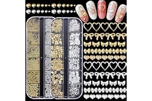 UOTEY 2 Boxes Gold Bows Nail Art Studs, Metal Bows Bowknots Golden Nail Studs Heart Nail Rivets Charms, Sparkle Silver Gold Micro Caviar Nail Beads Gems for Nails DIY Nail Art