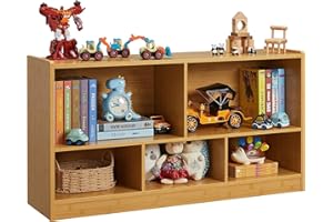 ONIRW Kids Toy Storage Organizer, 5-Section Storage Cabinet for Organizing Books Toys, Wooden Bookshelf Daycare Furniture for School, Classroom Playroom, Nursery, Kindergarten (Natural)