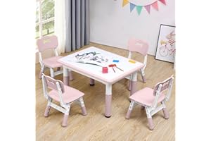 CuFun Kids Table and Chairs Set, Height-Adjustable Toddler Table and Chairs Set for Age 3-8, 31.5''Lx23.6''W Graffiti Desktop, Kids Activity Table for Daycare, Classroom, Home (Pink, 4 Chairs)