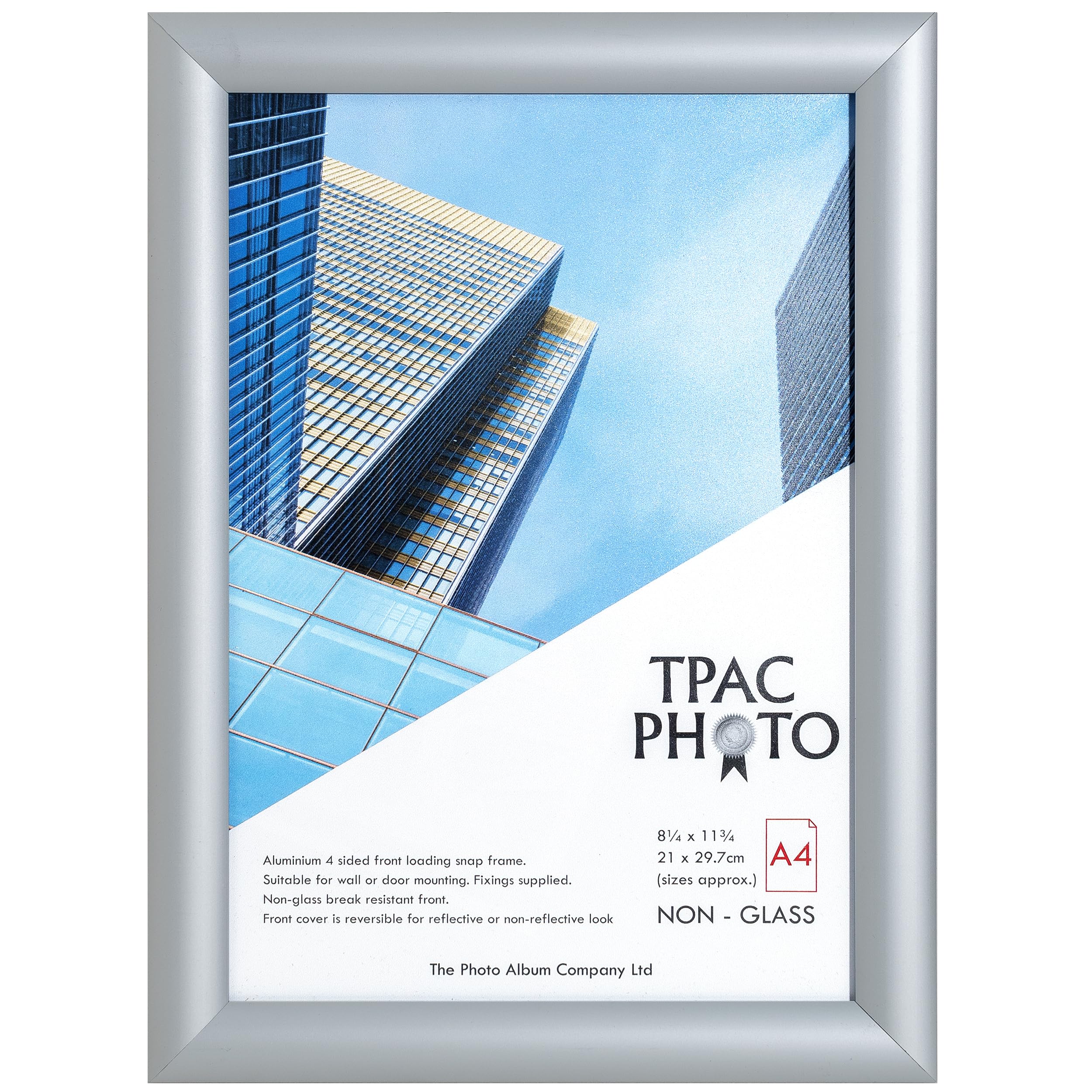 The Photo Album Company Limited | Snap Frame | A4 (21x30cm), Silver, Satin Finish, Metal, Rectangular | Wall Mount, Acrylic Front, Aluminium Frame | Easy Poster Change, Display Protection