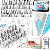 RFAQK 74PCs Icing Piping Bags and Tips Set, Cake Decorating Kit with 48-Numbered Piping Tips, 12inch Anti Burst Pastry Bags, Booklet, E-book &amp; Complete Video Course for Cookie Cupcake Cake Decoration