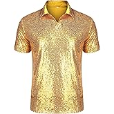 URRU Men's Relaxed Short Sleeve Turndown Sparkle Sequins Polo Shirts 70s Disco Nightclub Party Shirt Tops
