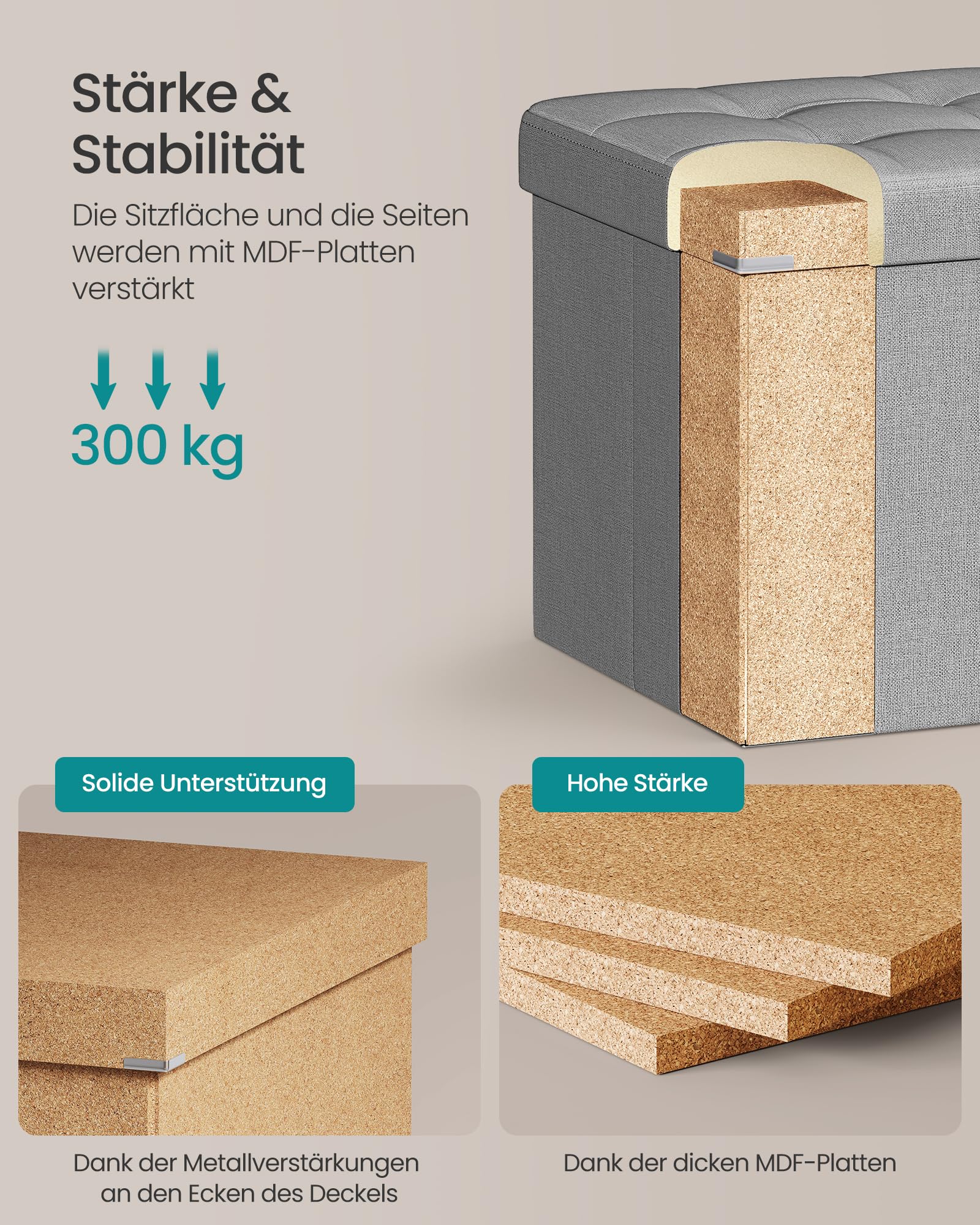 SONGMICS Sitzhocker mit Stauraum, klappbare Sitzbank, 38 x 110 x 38 cm Fußbank, Aufbewahrungsbox, bis 300 kg belastbar, für Wohnzimmer Schlafzimmer Flur, aschgrau LSF77G 5