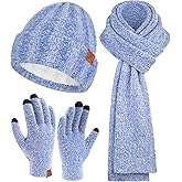 Womens Winter Warm Knit Beanie Hat Touchscreen Gloves Long Neck Scarf Set with Fleece Lined Skull Caps Gifts for Women