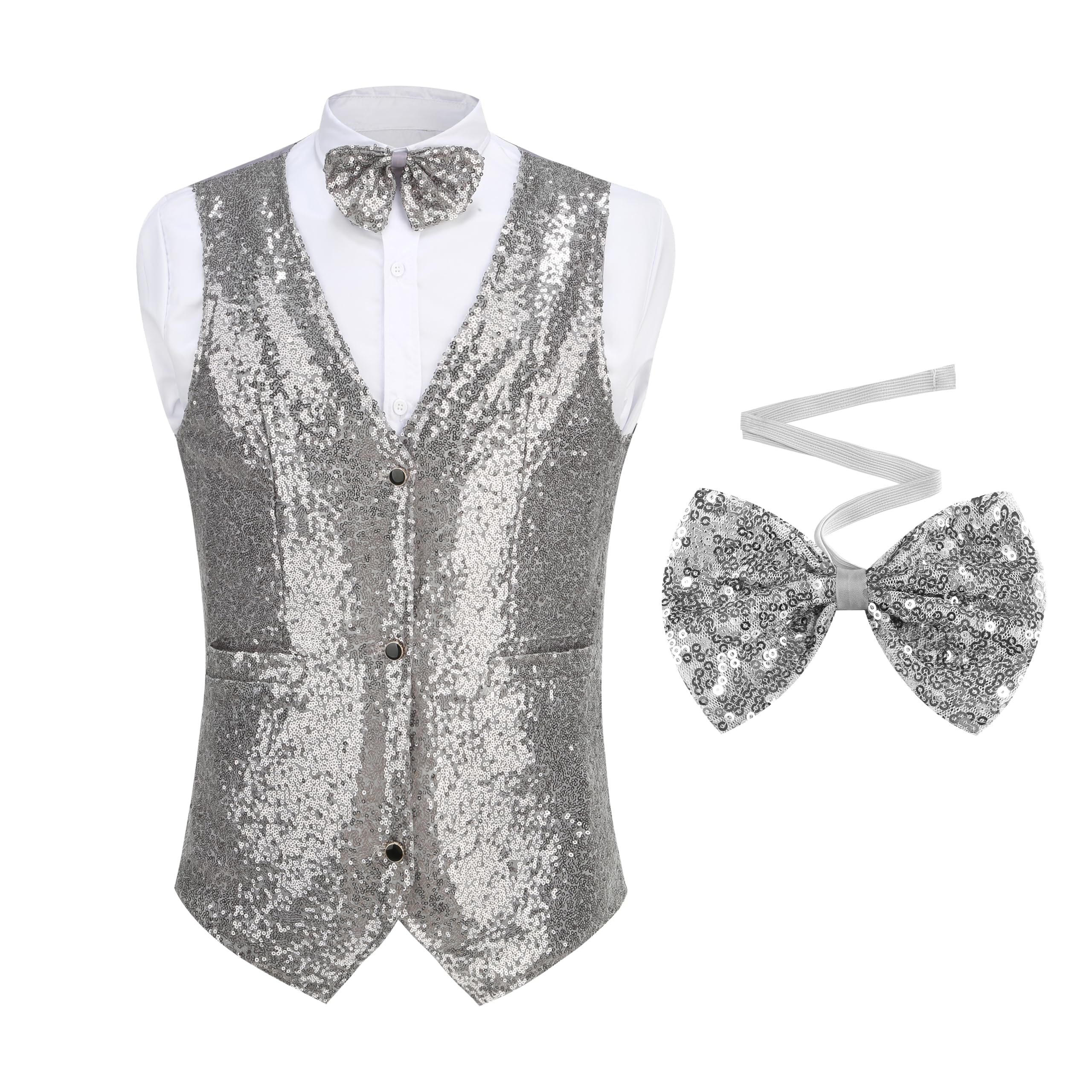 Photo 1 of GRAJTCIN Sequin Silver Suit Vest for Men - Formal Leisure V Neck Shiny Waistcoat Prom Rave Disco Vest and Tie Sets S