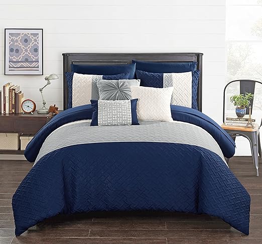 Chic Home Osnat 10 Piece Comforter Set Color Block Quilted Embroidered Design Bag Bedding - Sheets Decorative Pillows Shams Included, King, Navy