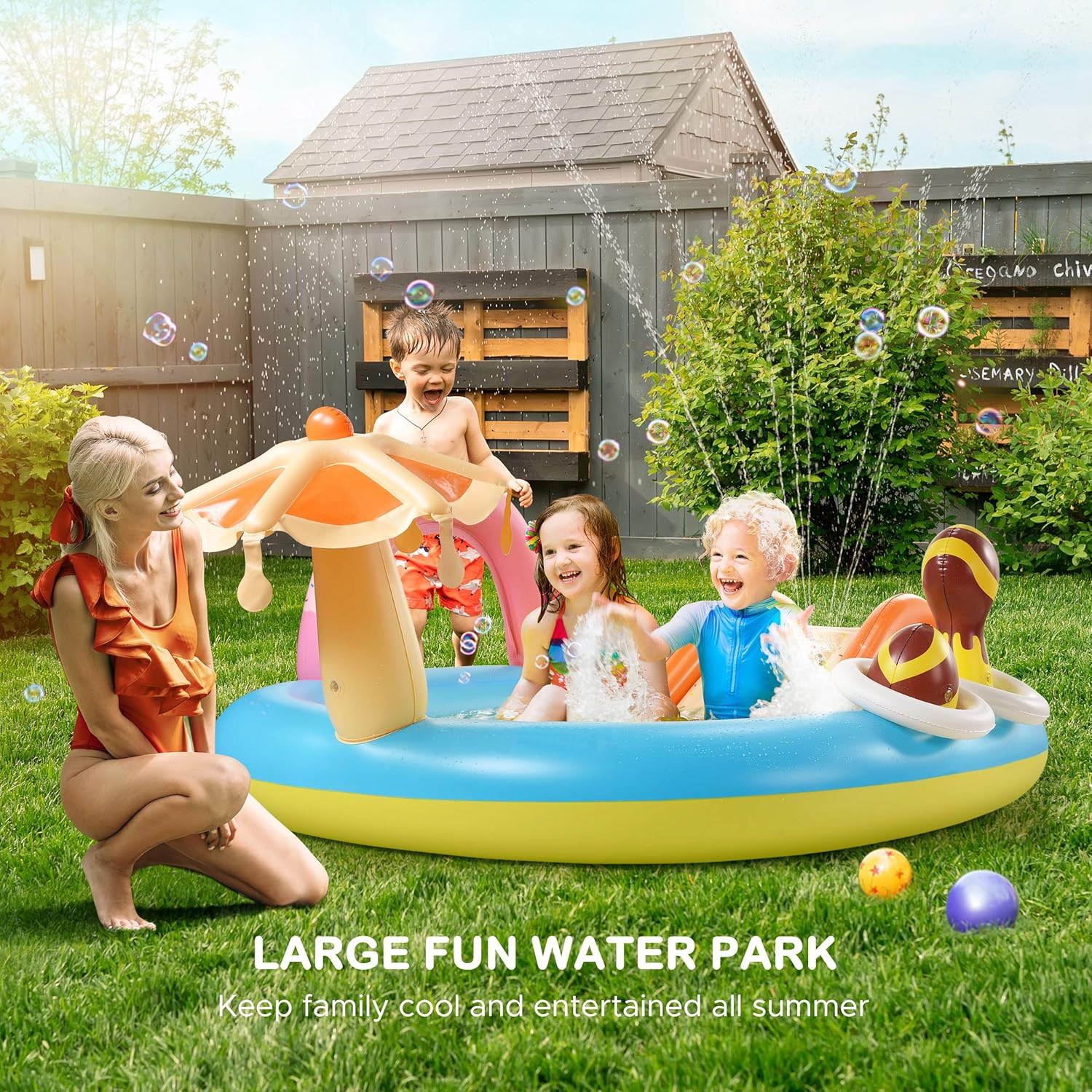 Hesung Inflatable Play Center, 98'' x 67'' x 32'' Kids Pool with Slide for Garden, Backyard Water Park, Colorful: Toys & Games