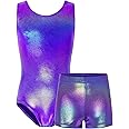 TENVDA Gymnastics Leotards for Girls 5-12 Years Old Sparkly Dance Tumbling Outfit Matching Shorts Set