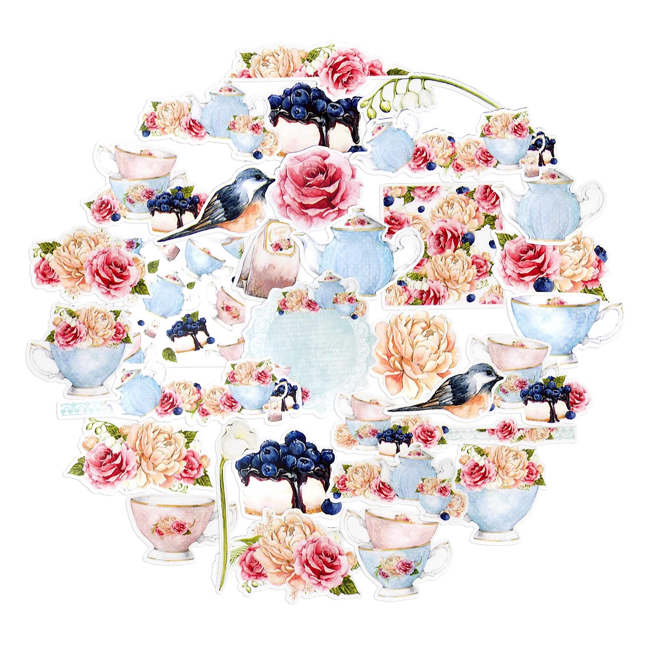 Navy Peony Classy Tea Party Stickers and Decals (31 Pieces) | Blue Food and Flower Stickers for Water Bottles | Cute Stickers for Scrapbooks and Journals | Waterproof Stickers for Laptops