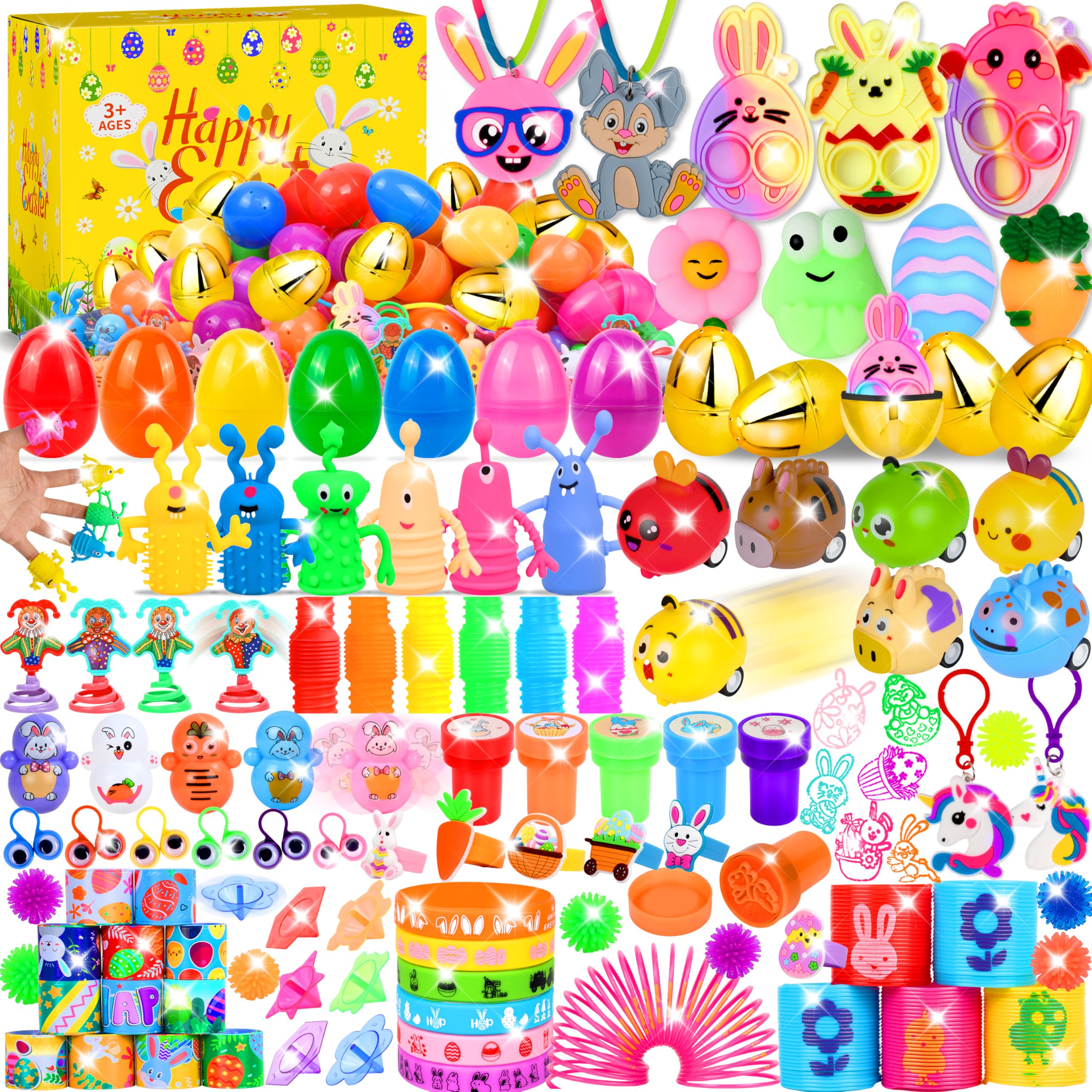 Lavwix 330 Pcs Prefilled Easter Eggs Set, 110 Plastic Eggs Filled with 220 Mini Toys and Stickers for Easter Egg Hunt, Basket Stuffers and Party Favors