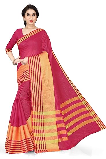 Traditional Poly Cotton Strips Zari Woven Design Saree For Women With Un-Stitched Blouse Piece