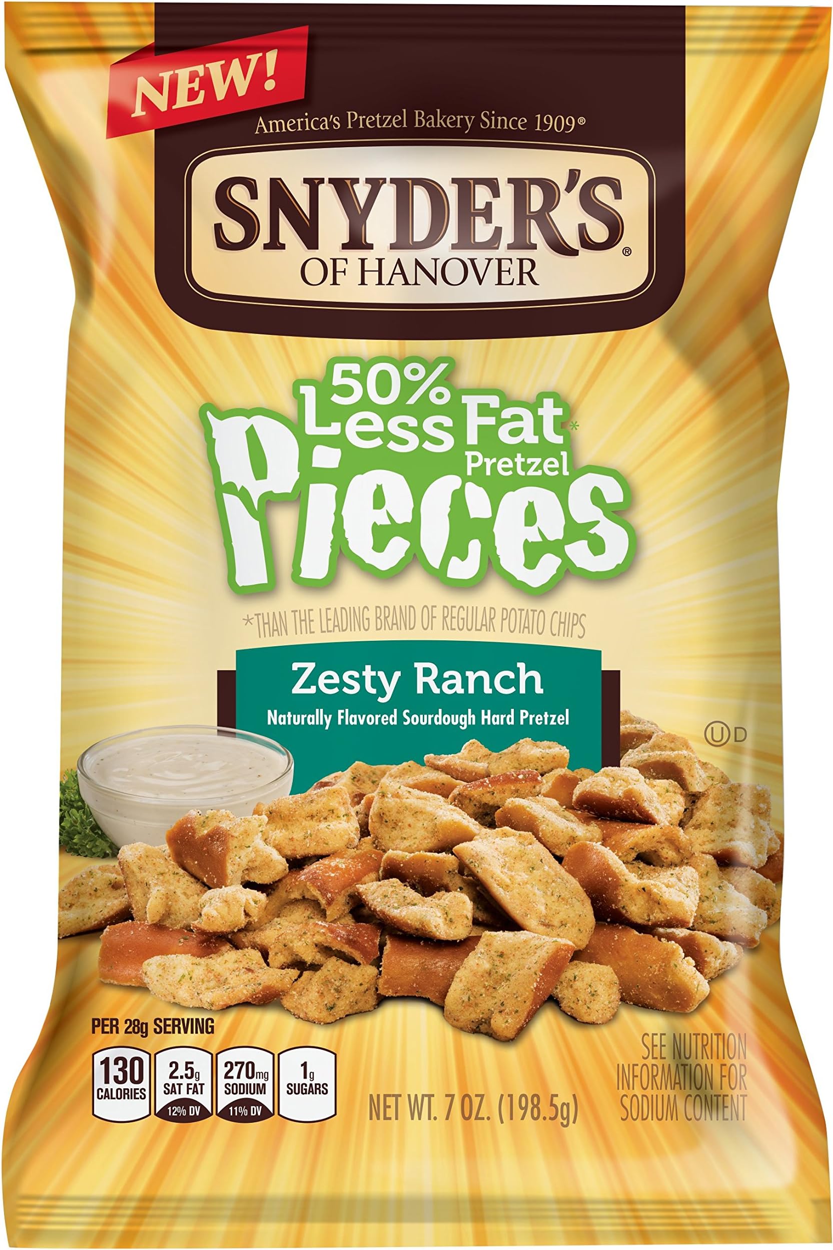 Snyder's of Hanover Reduced Fat Zesty Ranch Pretzel Pieces, Ranch, 7 Ounce (Pack of 6)