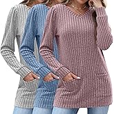Oakgarden 3 Pack Women's Long Sweaters to Wear with Leggings Long Sleeve V Neck Tunic Sweaters with Pockets 2026 Casual Tops