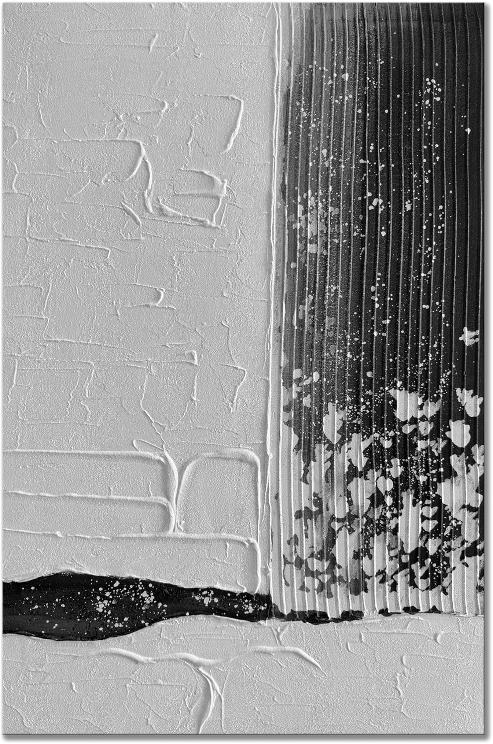 Paintings - Slyart Black and White Canvas Wall Art, Handmade Abstract Canvas Paintings, Large Textured Contemporary Framed Wall Art, Minimalism Black and White Paintings Artwork for Home Decorations